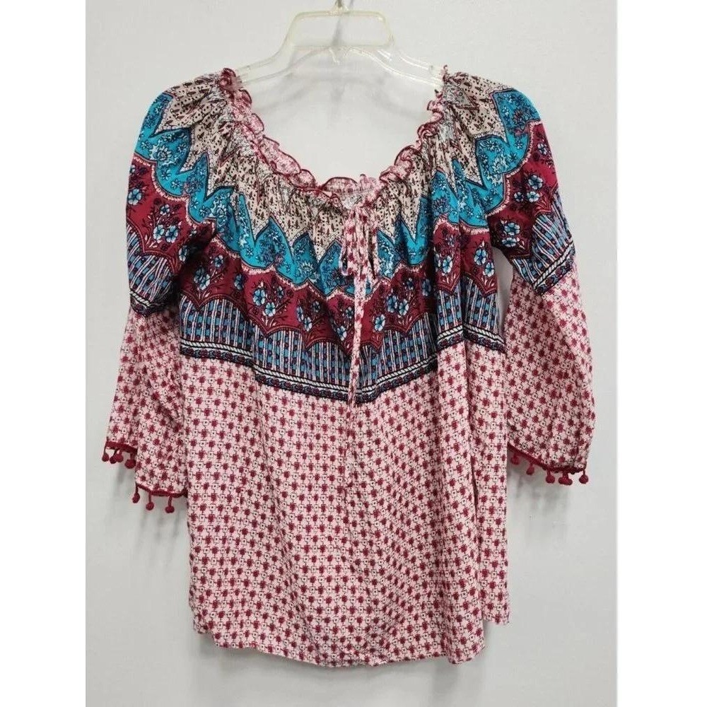 Umgee Boho Peasant Blouse Top Womens Medium Burgundy Blue Floral Pom Pom Trim